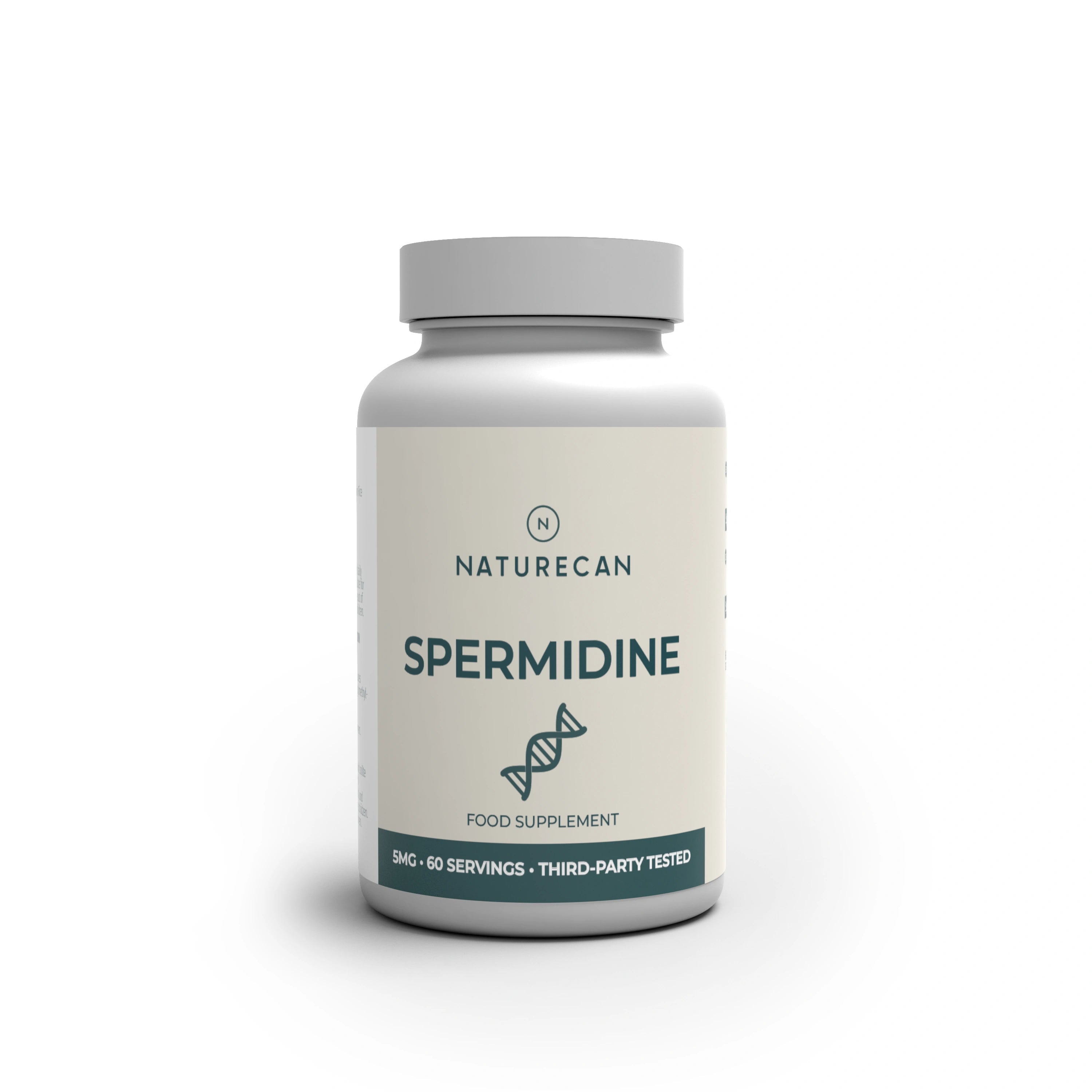 A white bottle of Naturecan Spermidine food supplement with a white cap, shown on a clean white background with a soft shadow.