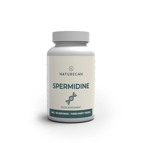 A white bottle of Naturecan Spermidine food supplement with a white cap, shown on a clean white background with a soft shadow.