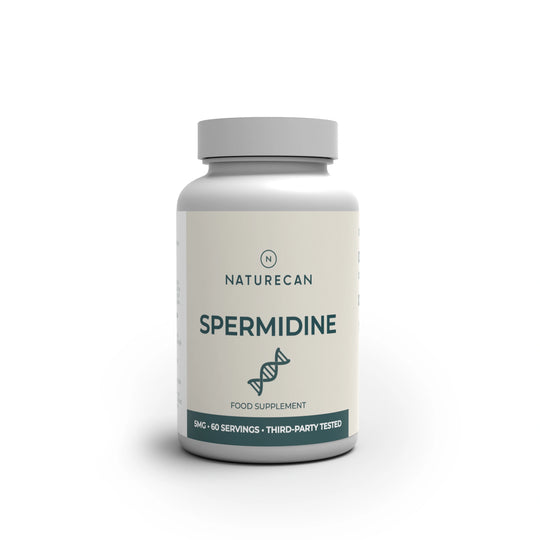 A white bottle of Naturecan Spermidine food supplement with a white cap, shown on a clean white background with a soft shadow.