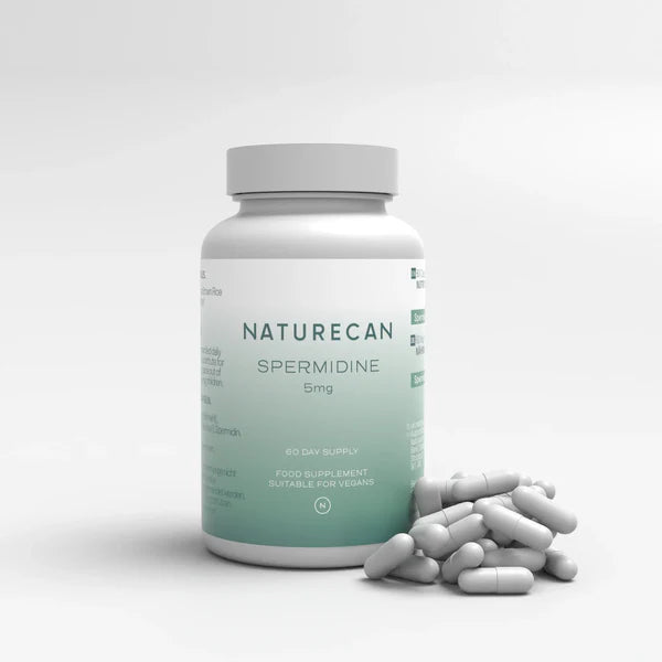 Naturecan Spermidine supplement bottle with scattered capsules, labeled as vegan-friendly, 5mg.