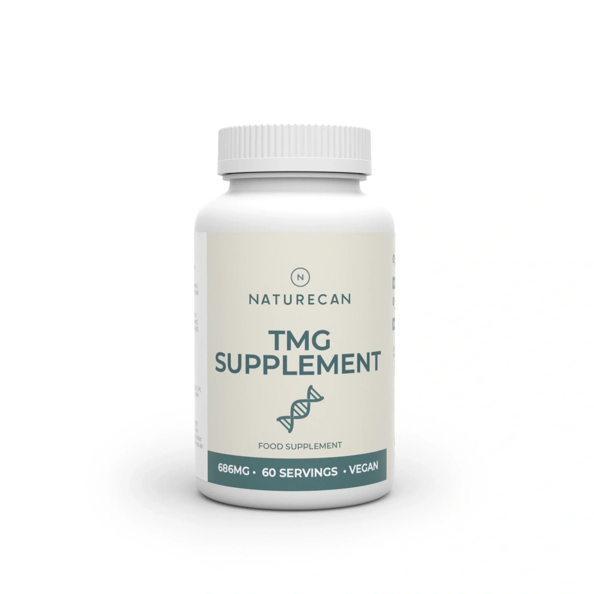Naturecan TMG supplement bottle, 686mg, 60 vegan servings.