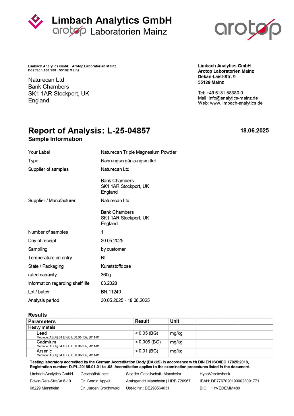 Certificate of Analysis for Naturecan Triple Magnesium Powder from Limbach Analytics GmbH, dated 18.06.2025.