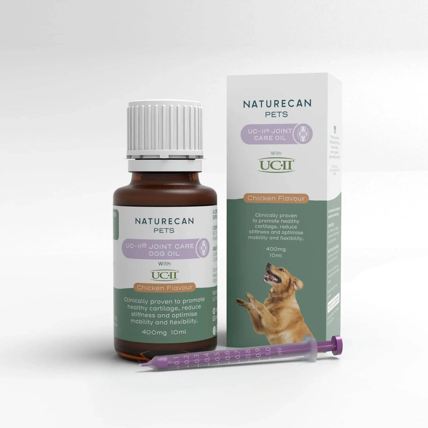 Naturecan Pets UCII Joint Care Oil packaging and bottle with syringe, chicken flavor, 10ml, promotes joint health.