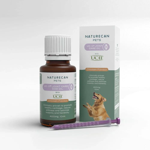 Naturecan Pets UCII Joint Care Oil packaging and bottle with syringe, chicken flavor, 10ml, promotes joint health.