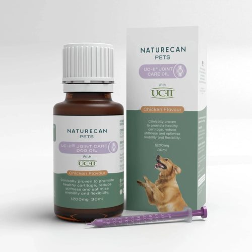 Naturecan Pets UCII Joint Care Oil 30ml packaging with syringe, chicken flavor.