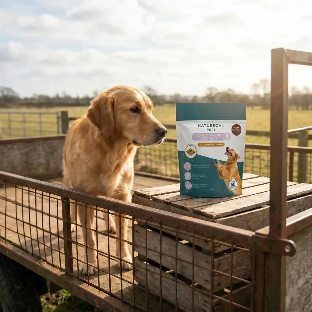 Dog sitting on a wooden platform with a Naturecan pet product package in the foreground, set against a rural landscape.