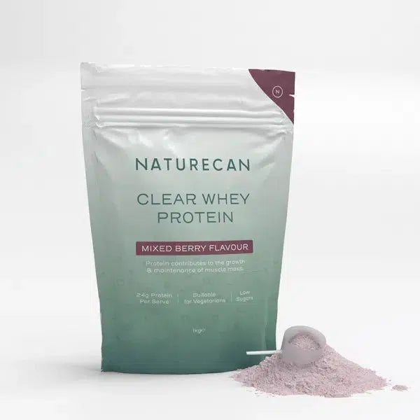 Naturecan Clear Whey Protein packaging, mixed berry flavor, with a scoop of pink powder.