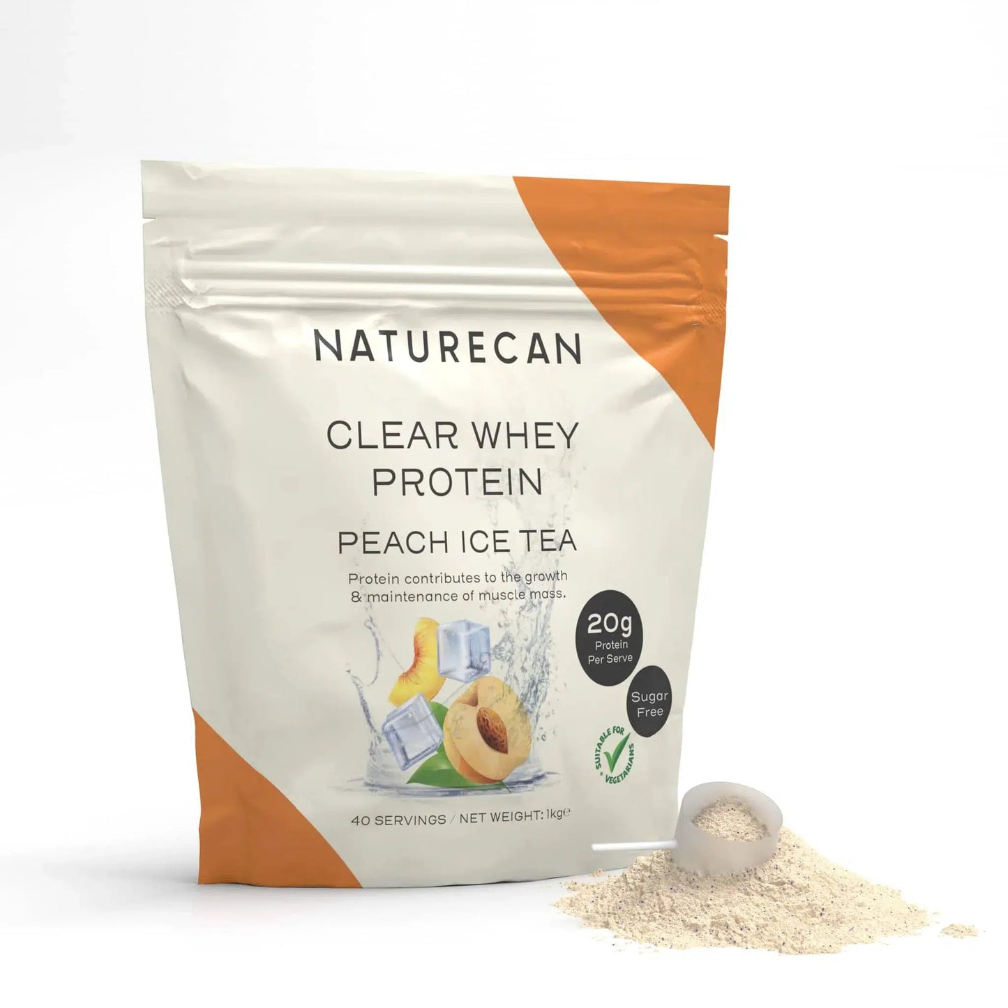 Naturecan Clear Whey Protein Peach Ice Tea packaging with a scoop of powder beside it.