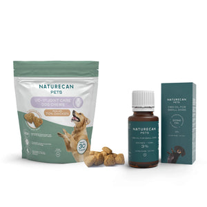 Naturecan Pets packaging with UC-II Joint Care Dog Chews and CBD Oil for Small Dogs.