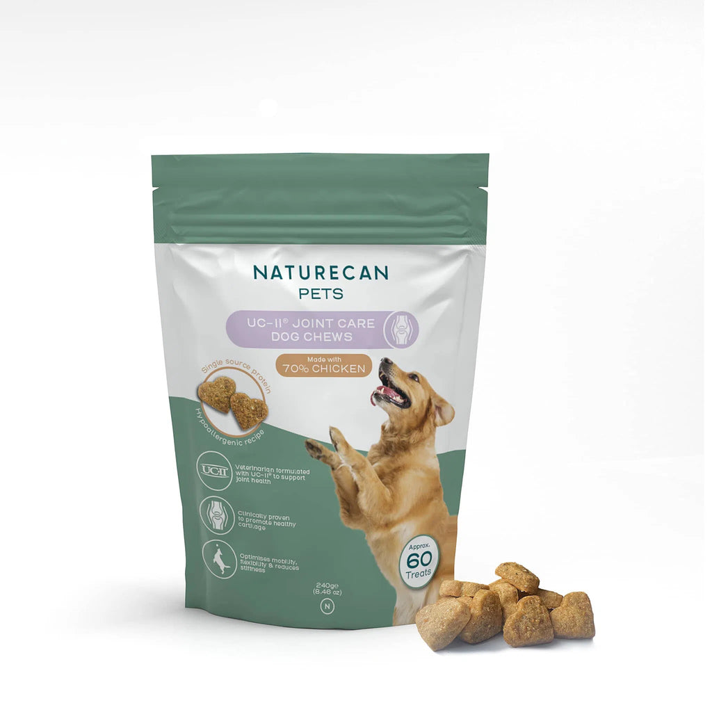 Naturecan Pets UC-II Joint Care Dog Chews packaging, featuring a dog and 70% chicken content.