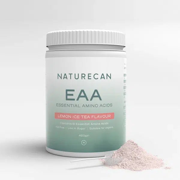 Naturecan EAA Lemon Ice Tea Flavour powder with scoop on a light background.