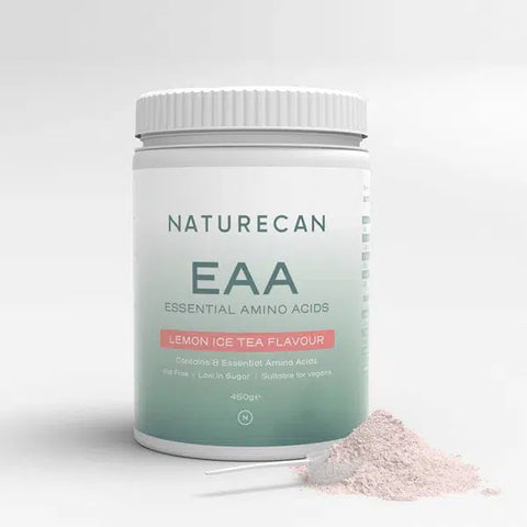 Naturecan EAA Lemon Ice Tea Flavour powder with scoop on a light background.