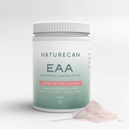 Naturecan EAA Lemon Ice Tea Flavour powder with scoop on a light background.