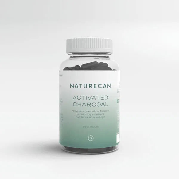 Naturecan Activated Charcoal bottle with 90 capsules, labeled for reducing flatulence.