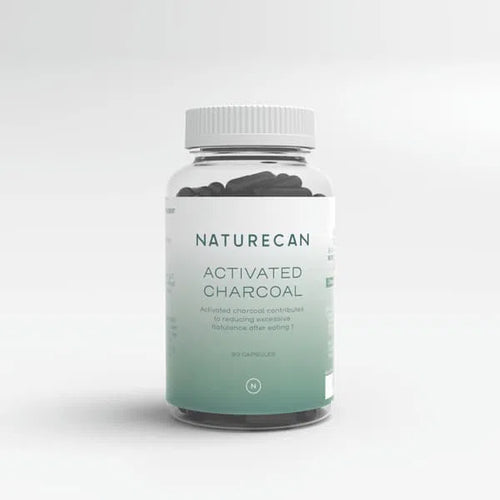 Naturecan Activated Charcoal bottle with 90 capsules, labeled for reducing flatulence.