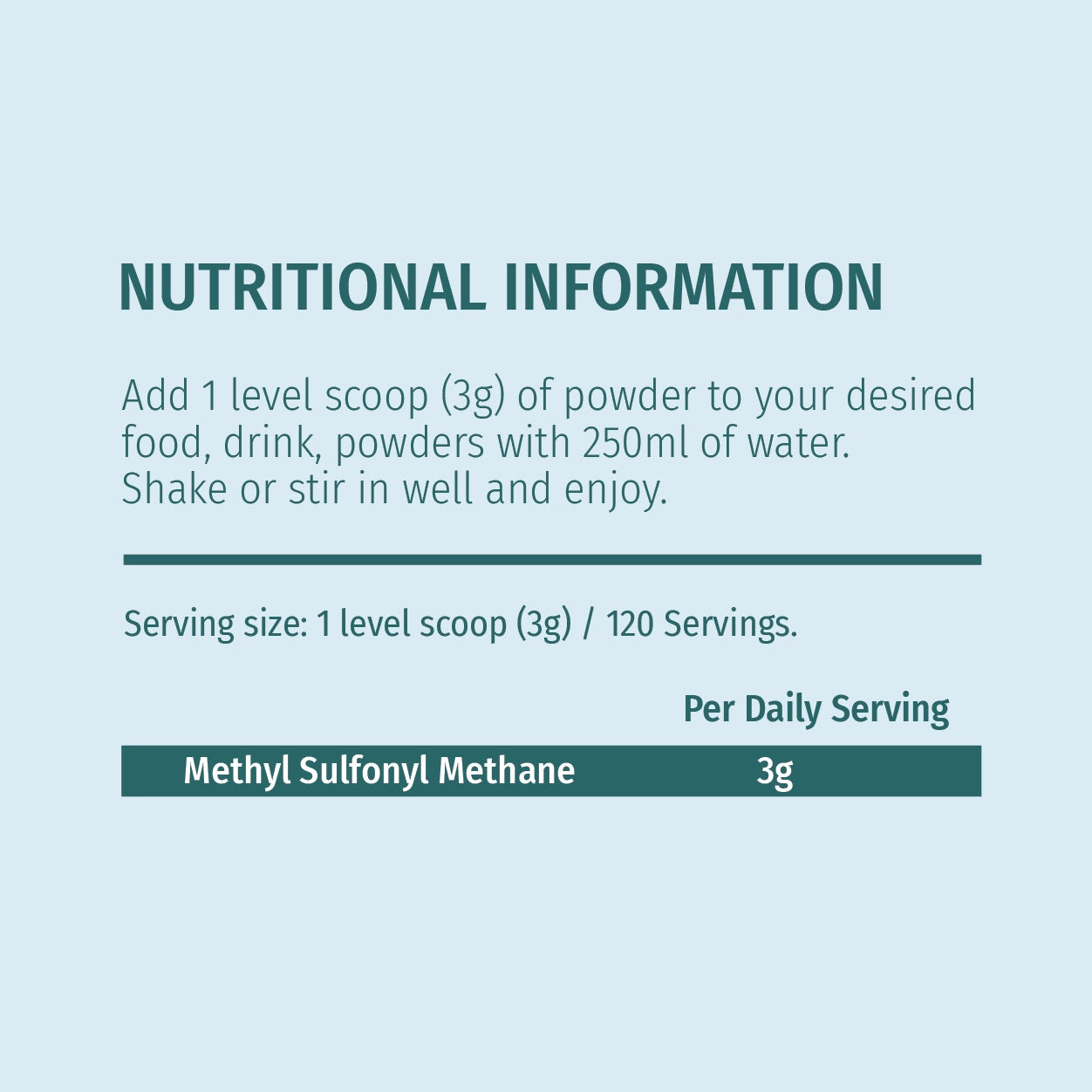 Nutritional information for a product with Methyl Sulfonyl Methane on a light blue background