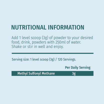 Nutritional information for a product with Methyl Sulfonyl Methane on a light blue background