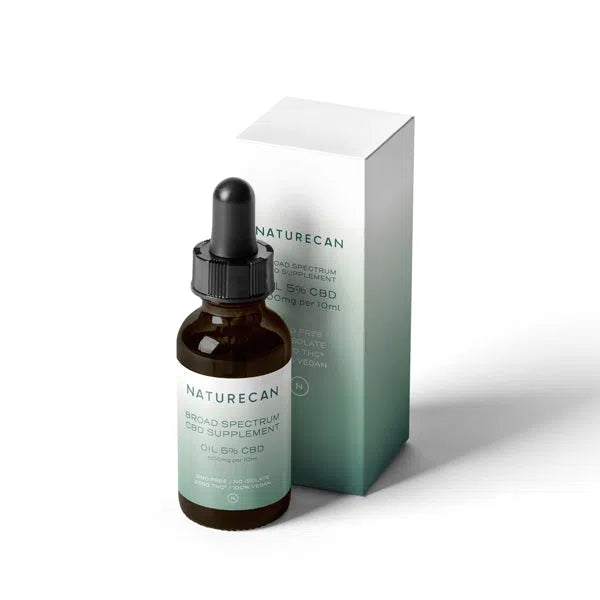 Naturecan 5% CBD oil bottle with dropper in front of a matching box, labeled as broad-spectrum CBD supplement.
