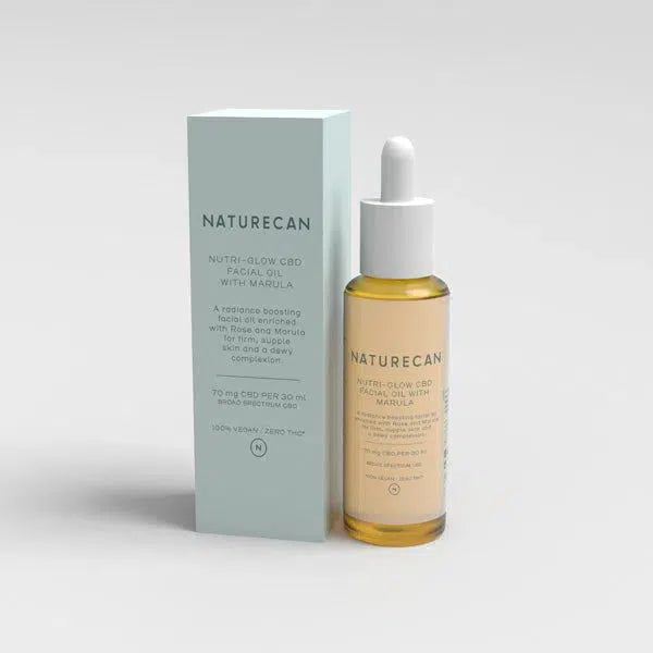 Naturecan Nutri-Glow CBD Facial Oil with Marula packaging and dropper bottle.