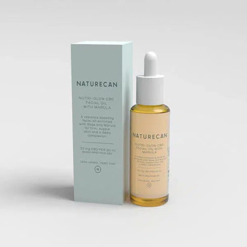 Naturecan Nutri-Glow CBD Facial Oil with Marula packaging and dropper bottle.