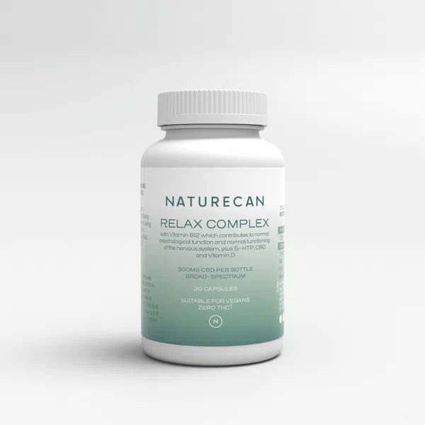 Naturecan Relax Complex bottle with 30 vegan capsules, featuring CBD, 5-HTP, Vitamin B12, and Vitamin D.