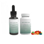 Naturecan CBD oil and gummies packaging with colorful gummies on the side.