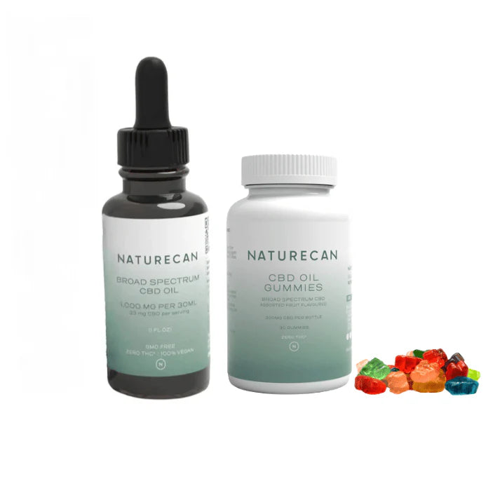 Naturecan CBD oil and gummies packaging with colorful gummies on the side.