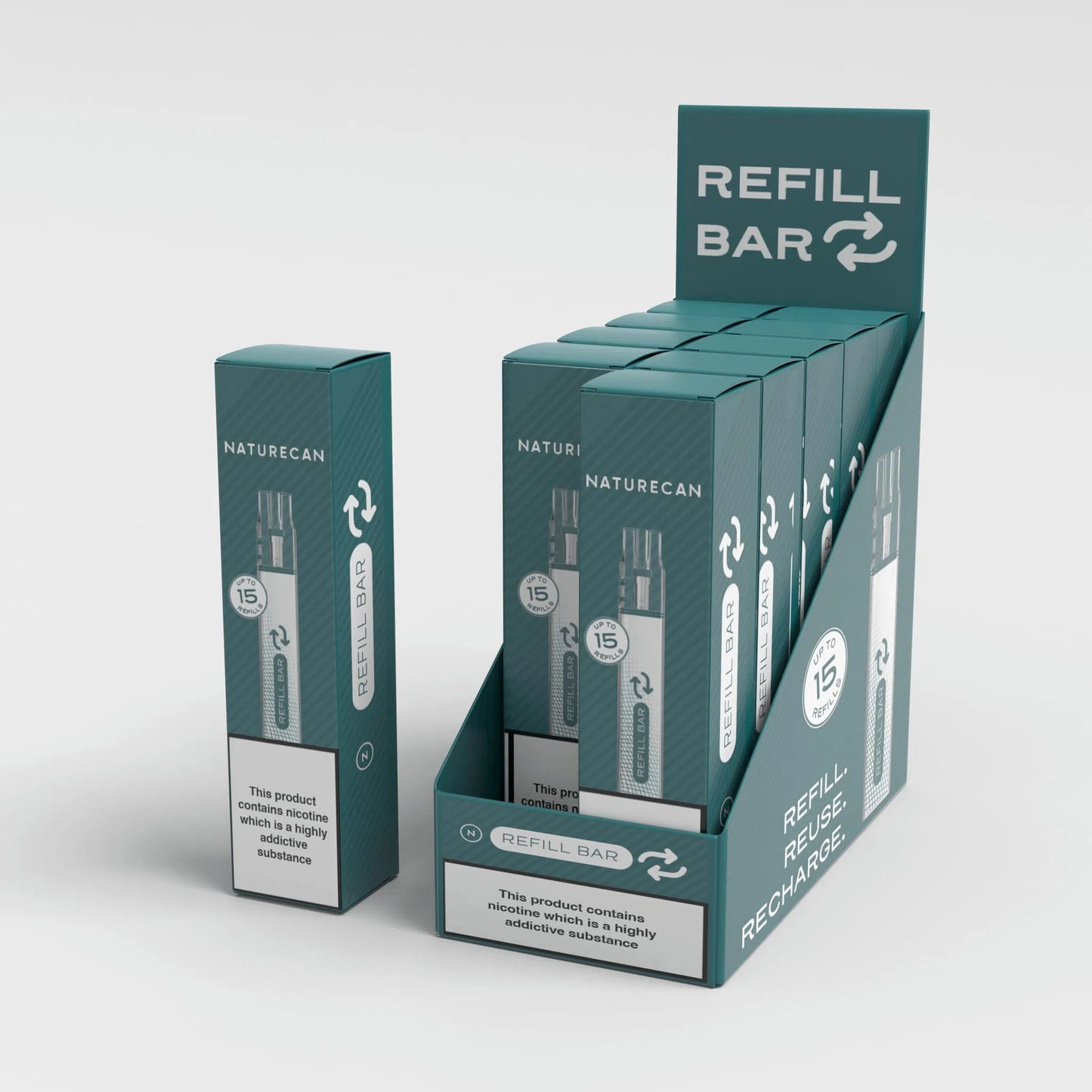 Refillable vape boxes by Naturecan, featuring "Refill Bar" branding and nicotine warning.