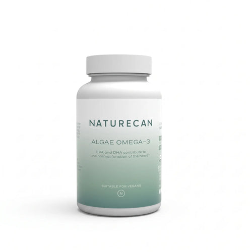 Naturecan Algae Omega-3 supplement bottle with green gradient label, suitable for vegans.