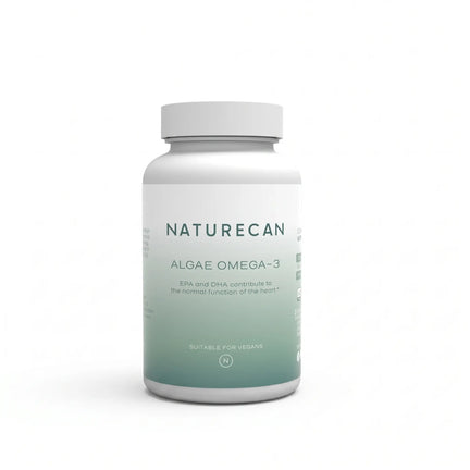 Naturecan Algae Omega-3 supplement bottle with green gradient label, suitable for vegans.