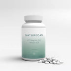 Naturecan Vitamin D3 and K2 supplement bottle with scattered tablets.