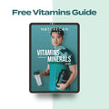 Free Vitamins and Minerals Guide banner with a person holding supplement bottles.