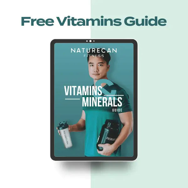 Free Vitamins and Minerals Guide banner with a person holding supplement bottles.