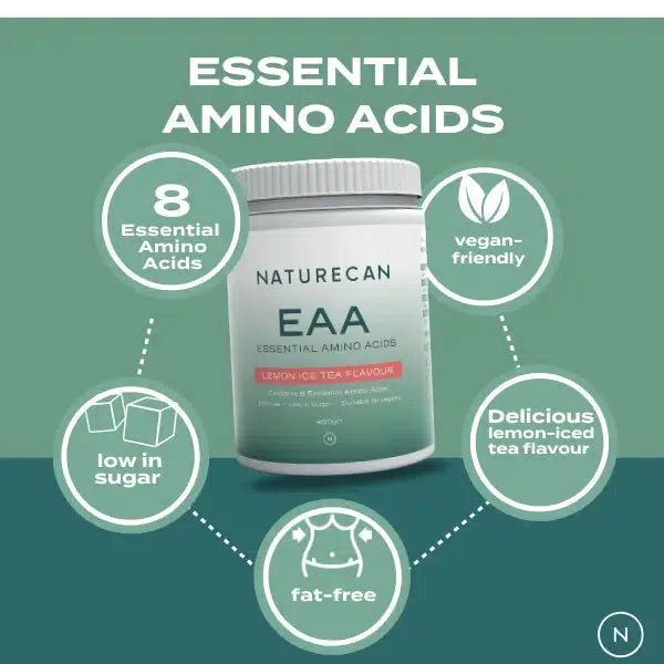 Naturecan EAA supplement packaging with essential amino acids, lemon-iced tea flavor, vegan-friendly, low sugar, fat-free.