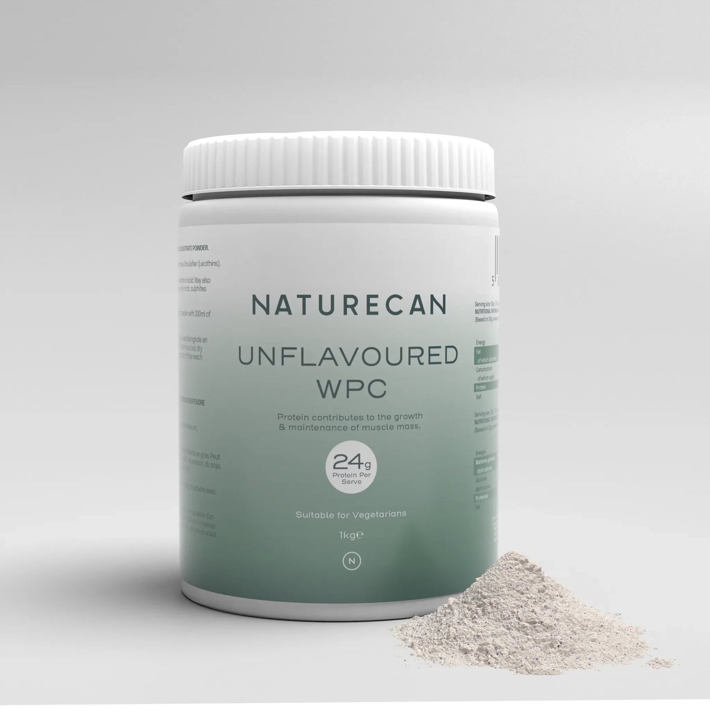 Naturecan Unflavoured WPC protein powder packaging with product details and a small pile of powder in front.