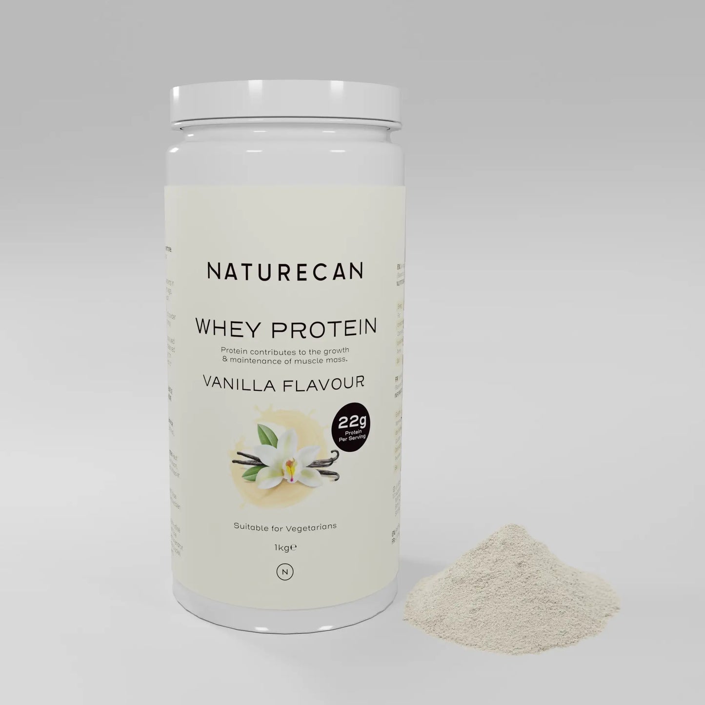 Naturecan vanilla whey protein powder packaging with a vanilla flower image and powder beside it.