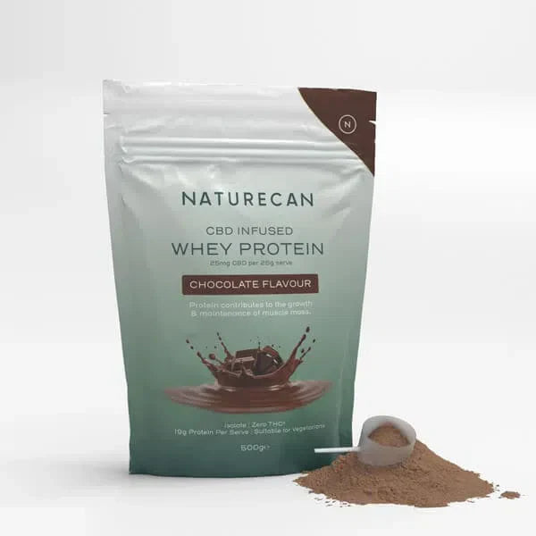 Naturecan CBD-infused chocolate whey protein packaging with a scoop of powder beside it.