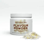 Naturecan Flavour Powder tub in white chocolate and coconut flavor, with powder sprinkled beside it.