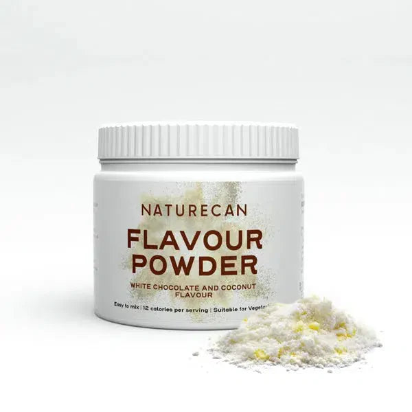 Naturecan Flavour Powder tub in white chocolate and coconut flavor, with powder sprinkled beside it.
