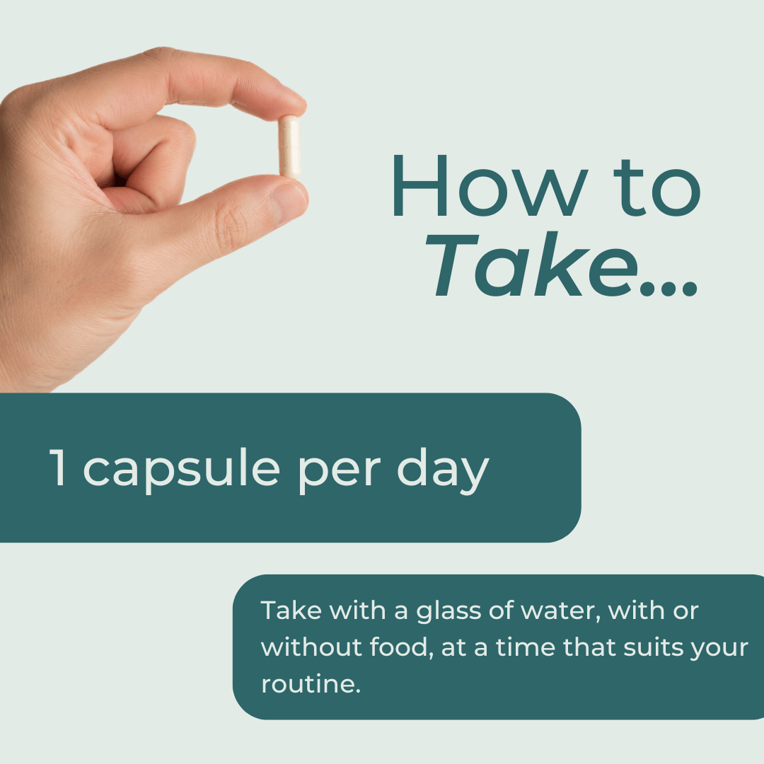 Hand holding a capsule with instructions on how to take it, including dosage and timing.