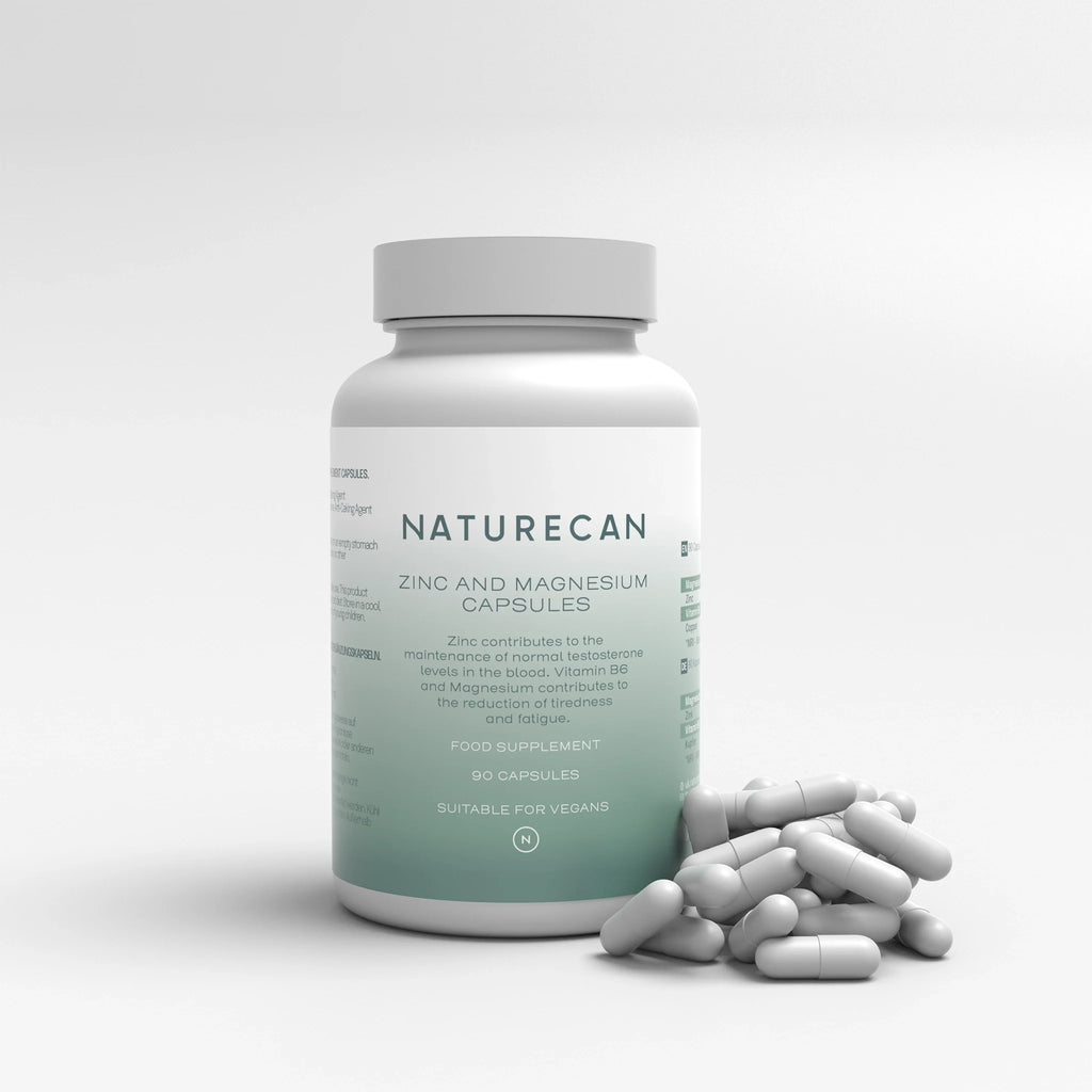 Naturecan Zinc and Magnesium capsules bottle with capsules scattered beside it.