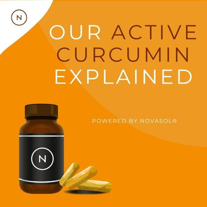 Brown supplement bottle with yellow capsules on an orange background, featuring 'Our Active Curcumin Explained' text.