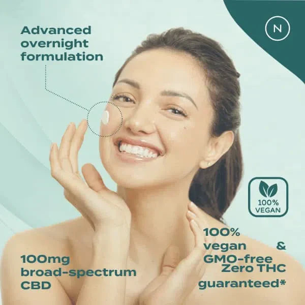 Smiling woman applies cream labeled as 100mg broad-spectrum CBD, 100% vegan, GMO-free, and zero THC guaranteed.