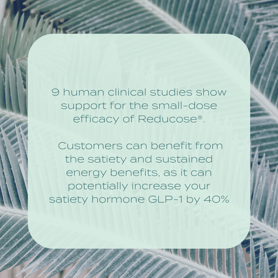 Text on a leafy background highlighting Reducose®'s efficacy, satiety, and energy benefits from clinical studies.