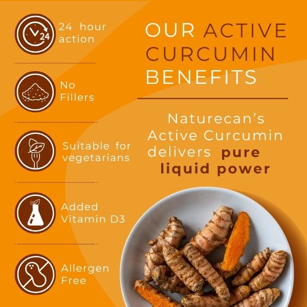 Advertisement for Naturecan's Active Curcumin with turmeric roots on an orange background