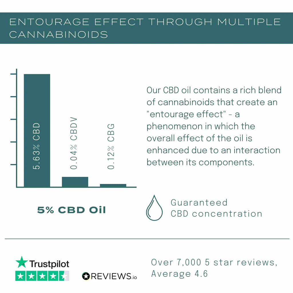 Chart showing 5% CBD oil's entourage effect with CBD, CBDV, and CBG levels, highlighting guaranteed concentration and reviews.