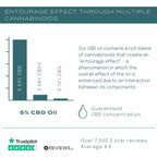 Chart showing 5% CBD oil's entourage effect with CBD, CBDV, and CBG levels, highlighting guaranteed concentration and reviews.