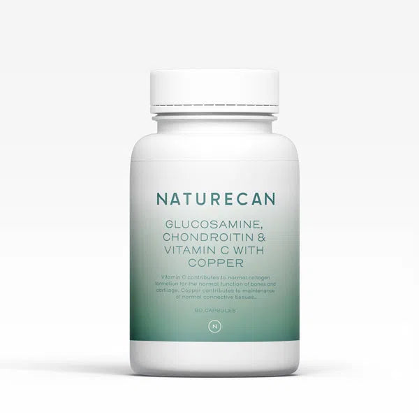 Naturecan bottle of glucosamine, chondroitin, vitamin C, and copper capsules.