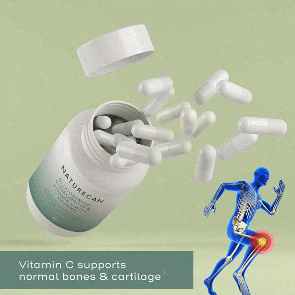 Naturecan glucosamine capsules with a running skeleton highlighting joint support benefits.