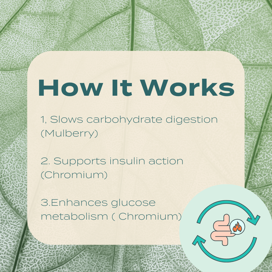 How it Works: Mulberry slows carb digestion, Chromium supports insulin action and enhances glucose metabolism.
